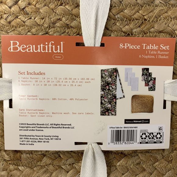 Drew Barrymore Table Runner 6 Napkins Basket Beautiful Gray + Floral 8-Piece Set - Picture 14 of 16